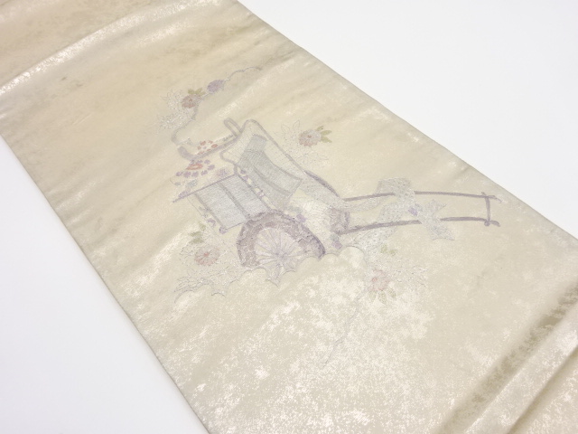 JAPANESE KIMONO / ANTIQUE FUKURO OBI / SILK / WOVEN CARRIAGE & KIKU